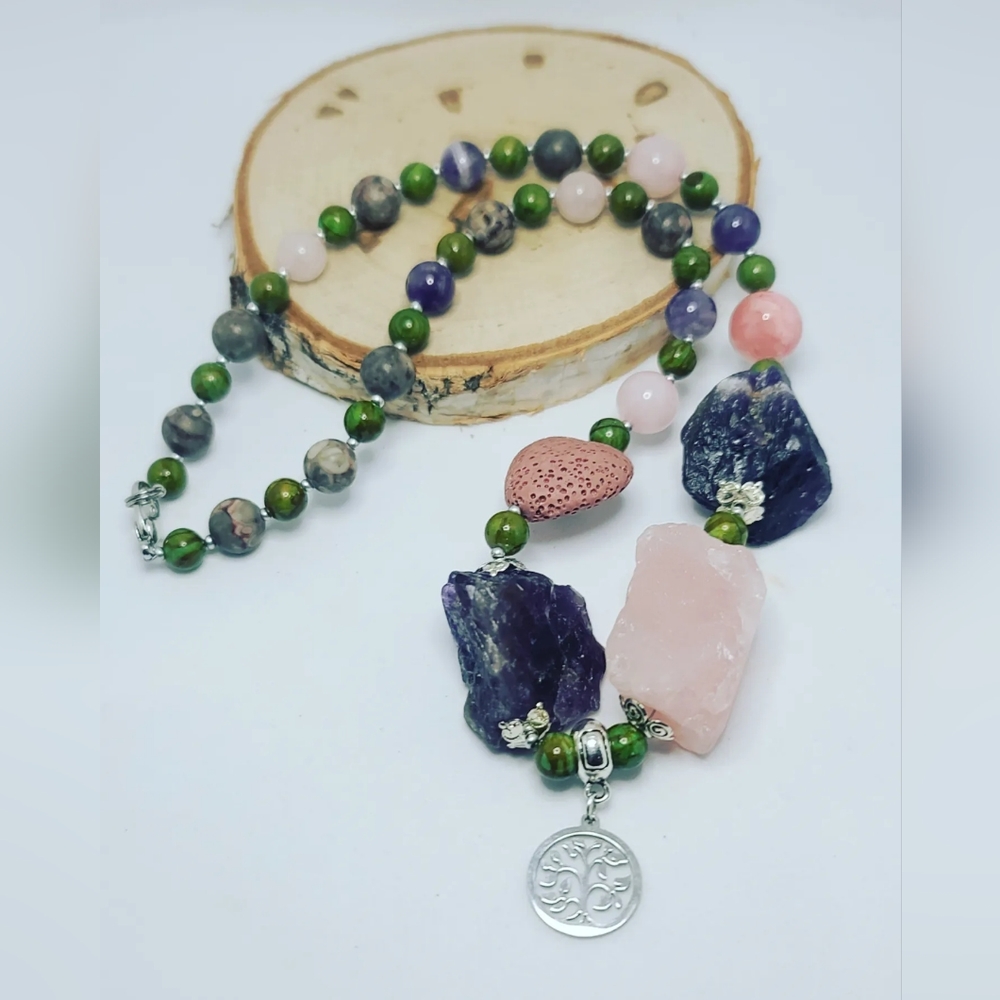 Raw Amethyst and Rose Quartz, Jade , Tree of Life Charm necklace